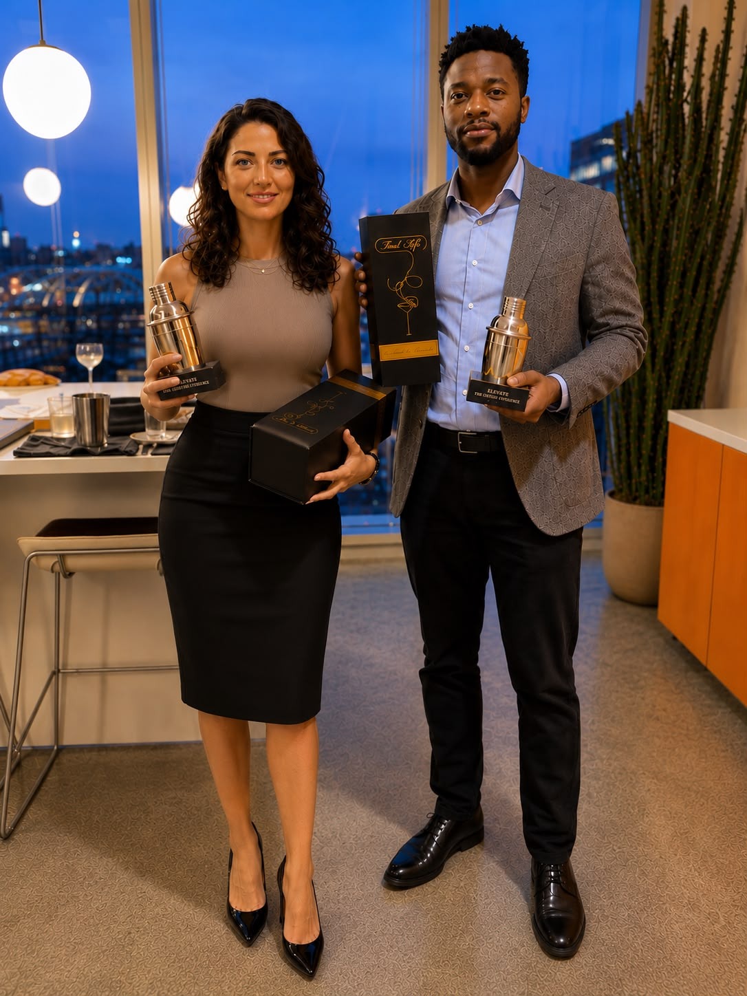 Winning team holding their cocktail shaker trophies