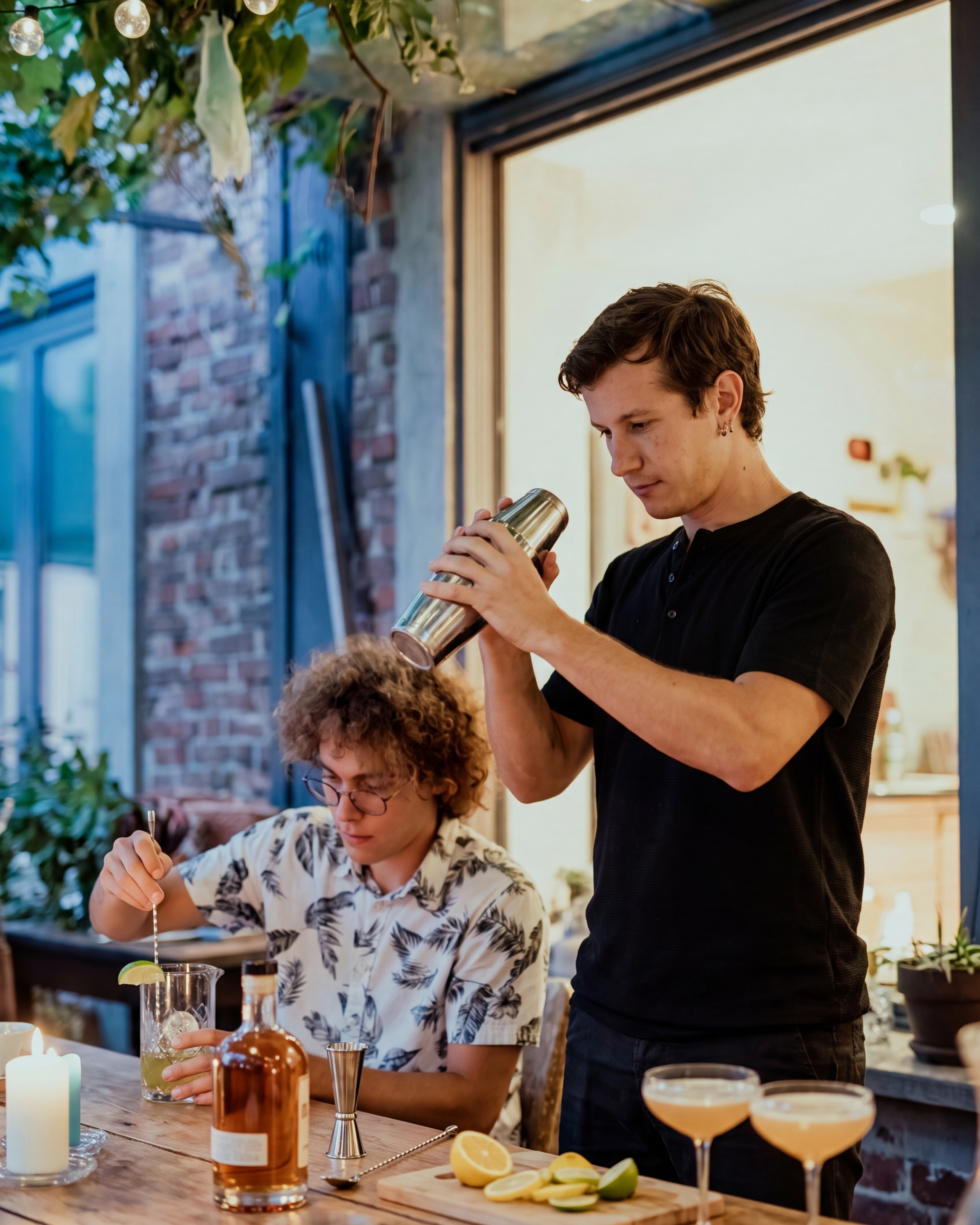 Guests actively making cocktails together at a celebration