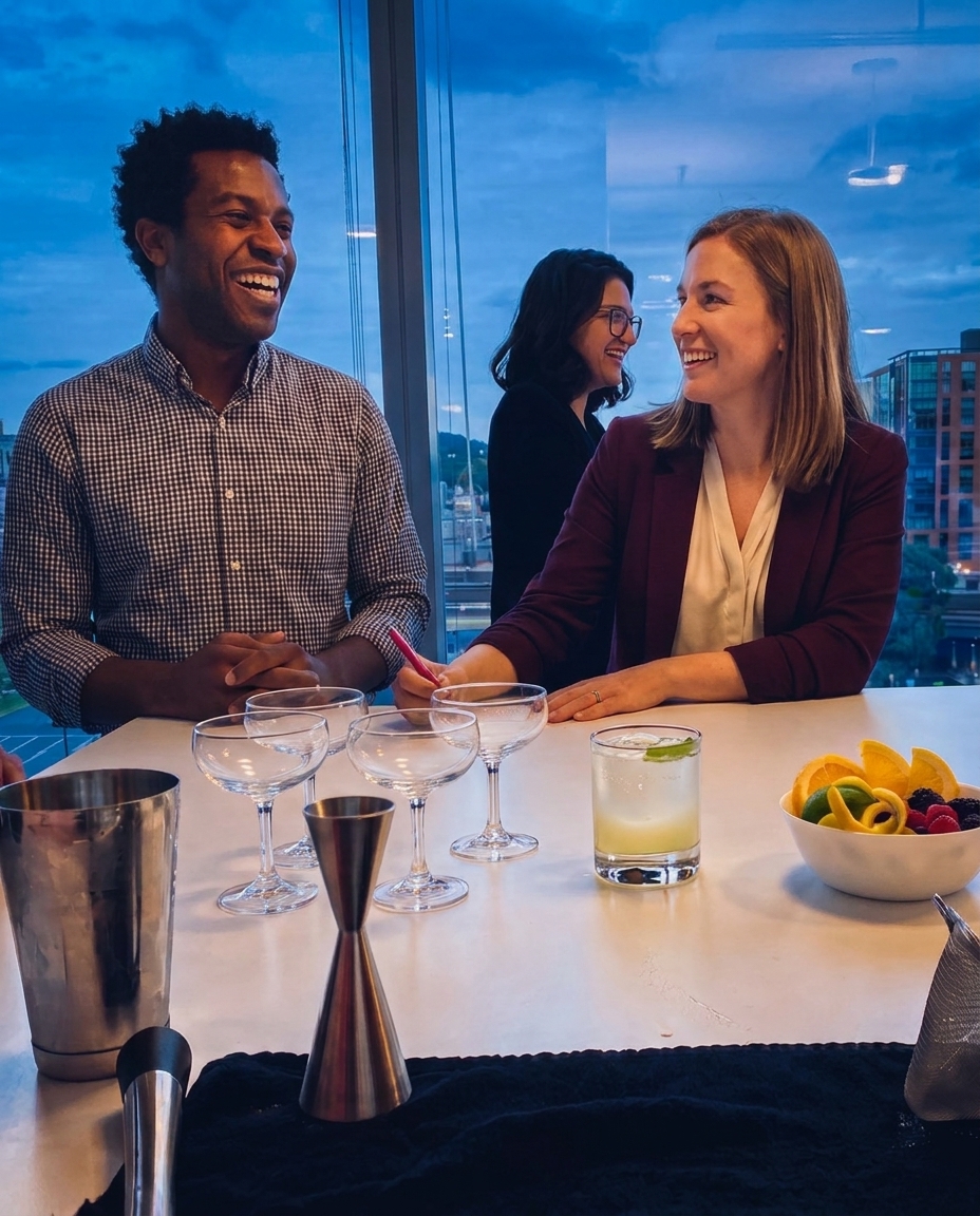 Team laughing together during a cocktail session