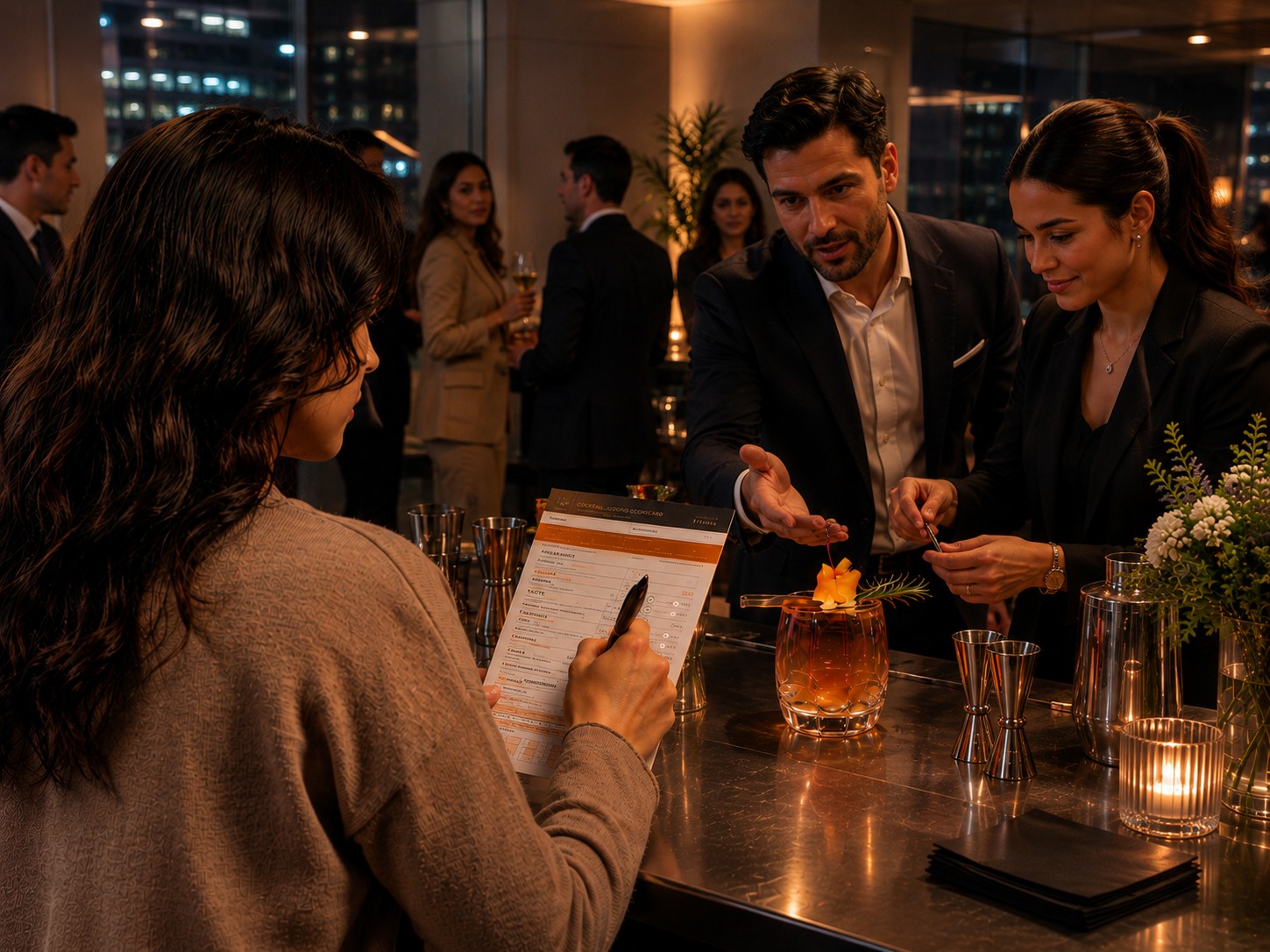 Two judges evaluating a cocktail together and marking their scorecard